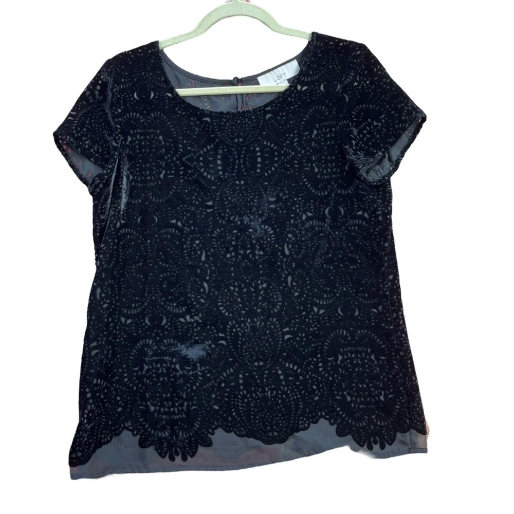 Ann Taylor Loft Womens Short Sleeve Black Scoop Neck Lace See Through Blouse S